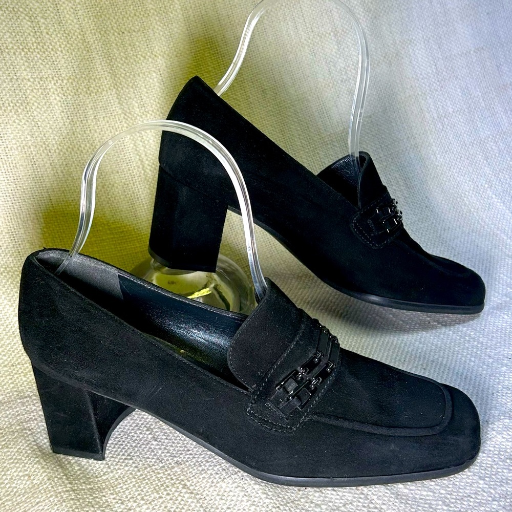 STUART WEITZMAN BLACK SUEDE LEATHER LOAFERS DRESS SHOES HEELS US WOMENS SZ 7 AA